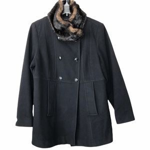 womens black Vintage double breasted faux fur collared peacoat size L wool blend